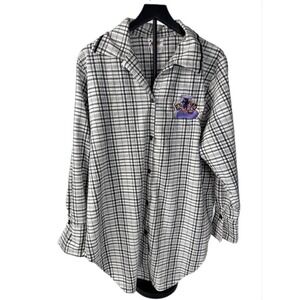 Walt Disney World Button Up Flannel Shirt Women L White Black Plaid Minnie Daisy